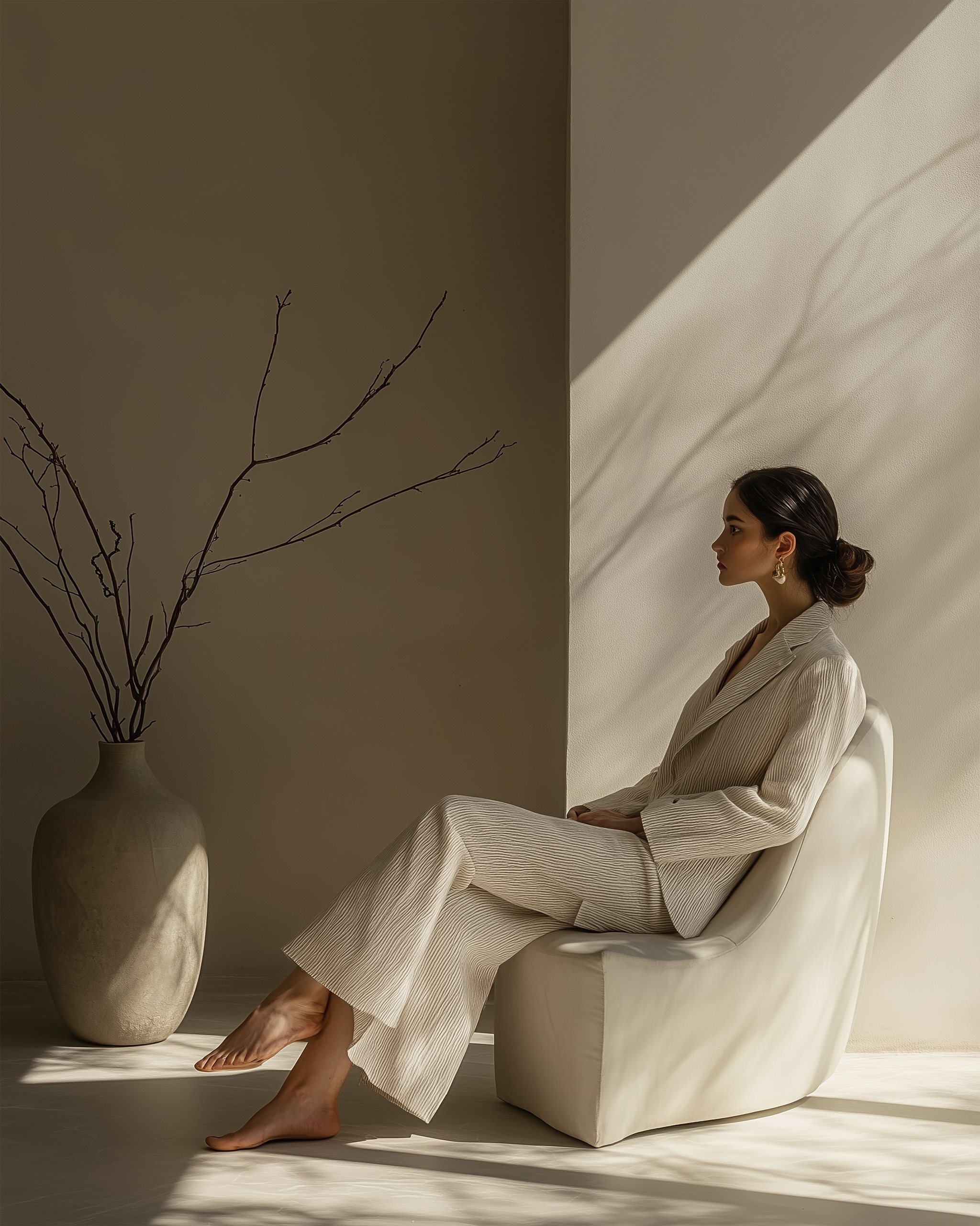 Woman in soft neutral tones sitting in profile beside a dried branch, calm daylight – Stillness comes first