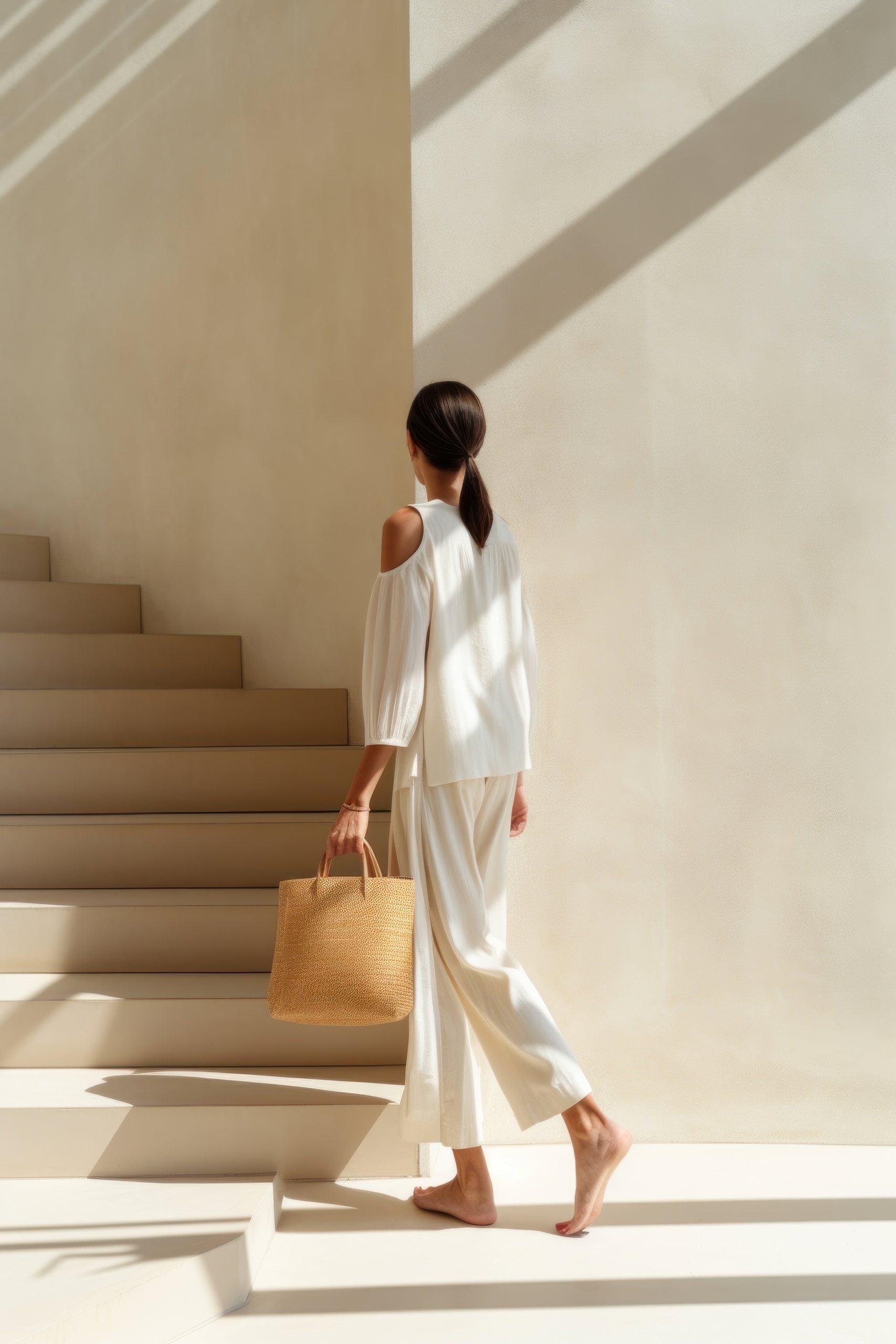 Woman in white walking up beige steps with a basket – The Landing, eight steps