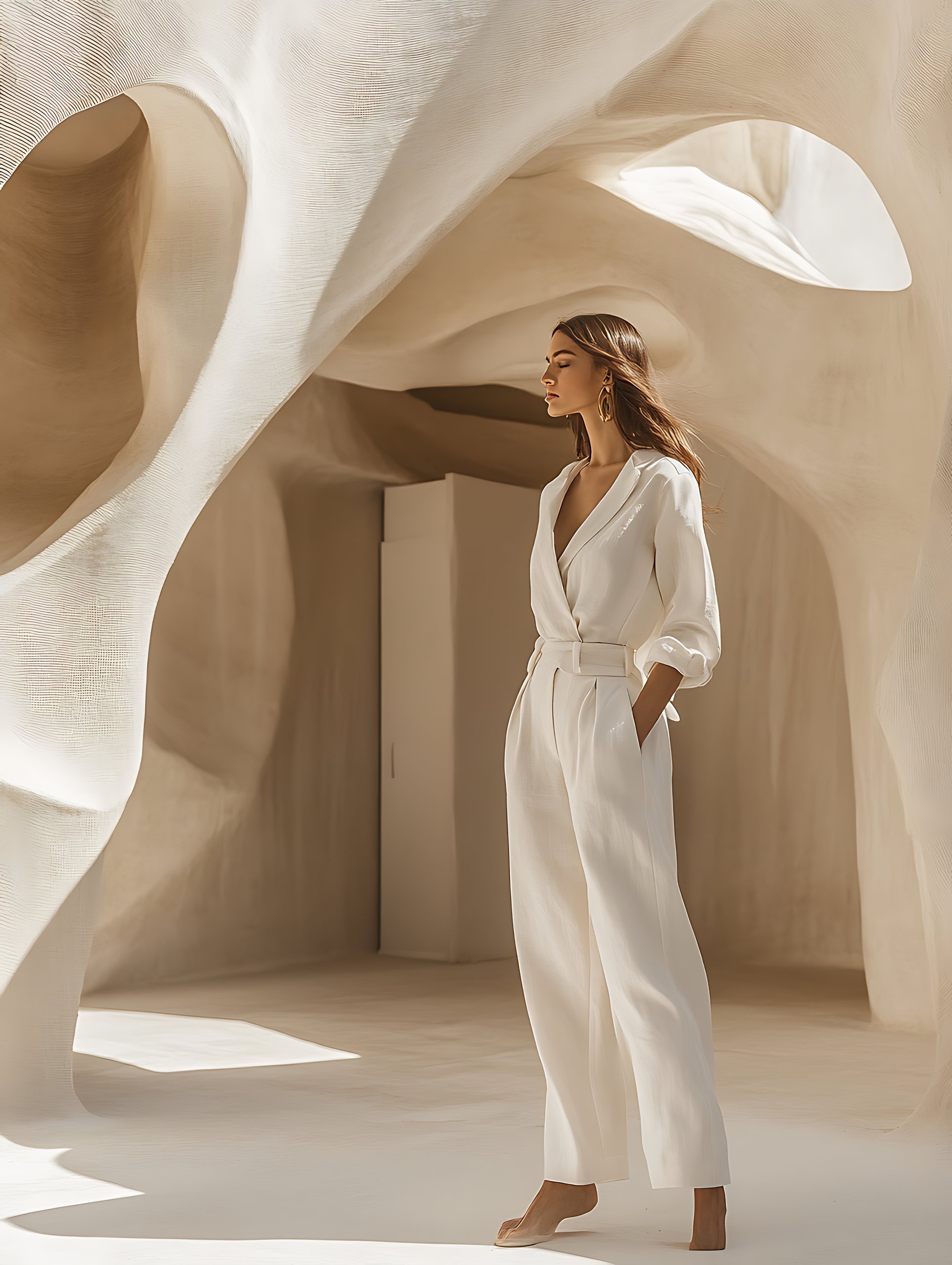 Woman in light attire standing in a serene sand-toned sculptural space – The Dream That Lands